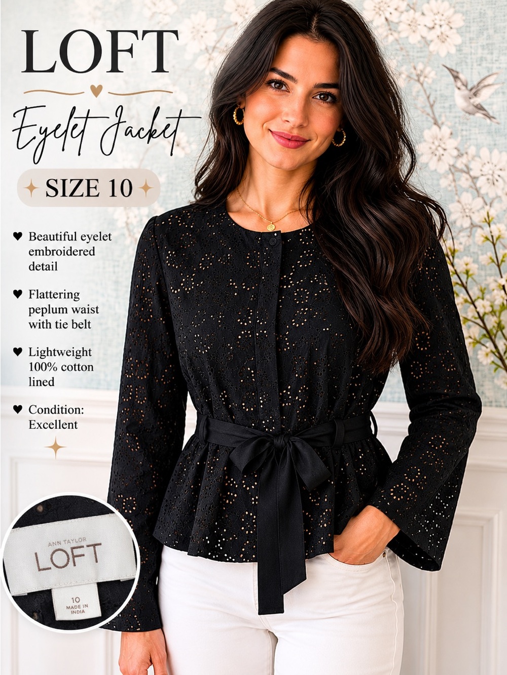 LOFT Eyelet Peplum Jacket Black Tie Waist Cotton Size 10